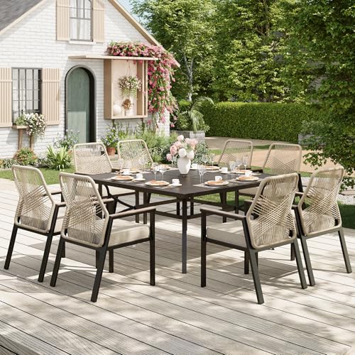 Image of MIXPATIO 9 Pieces Outdoor Dining Set for 8, 57.5 inch Patio Dining Set Wicker Rattan Chairs with Soft Cushion and Square Table with Umbrella Hole, Wicker Patio Table and Chairs for Backyard Porch