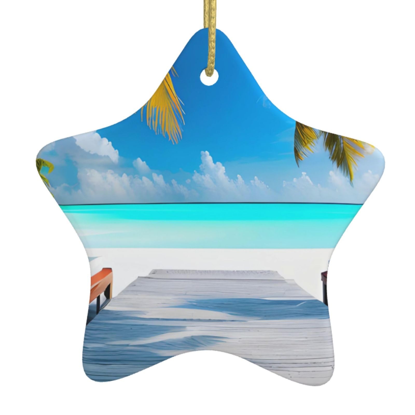 Maldives Holidays Christmas Ceramic Star Pendant with Punched Holes and Gold Wire Rope, Christmas Tree Home Decoration