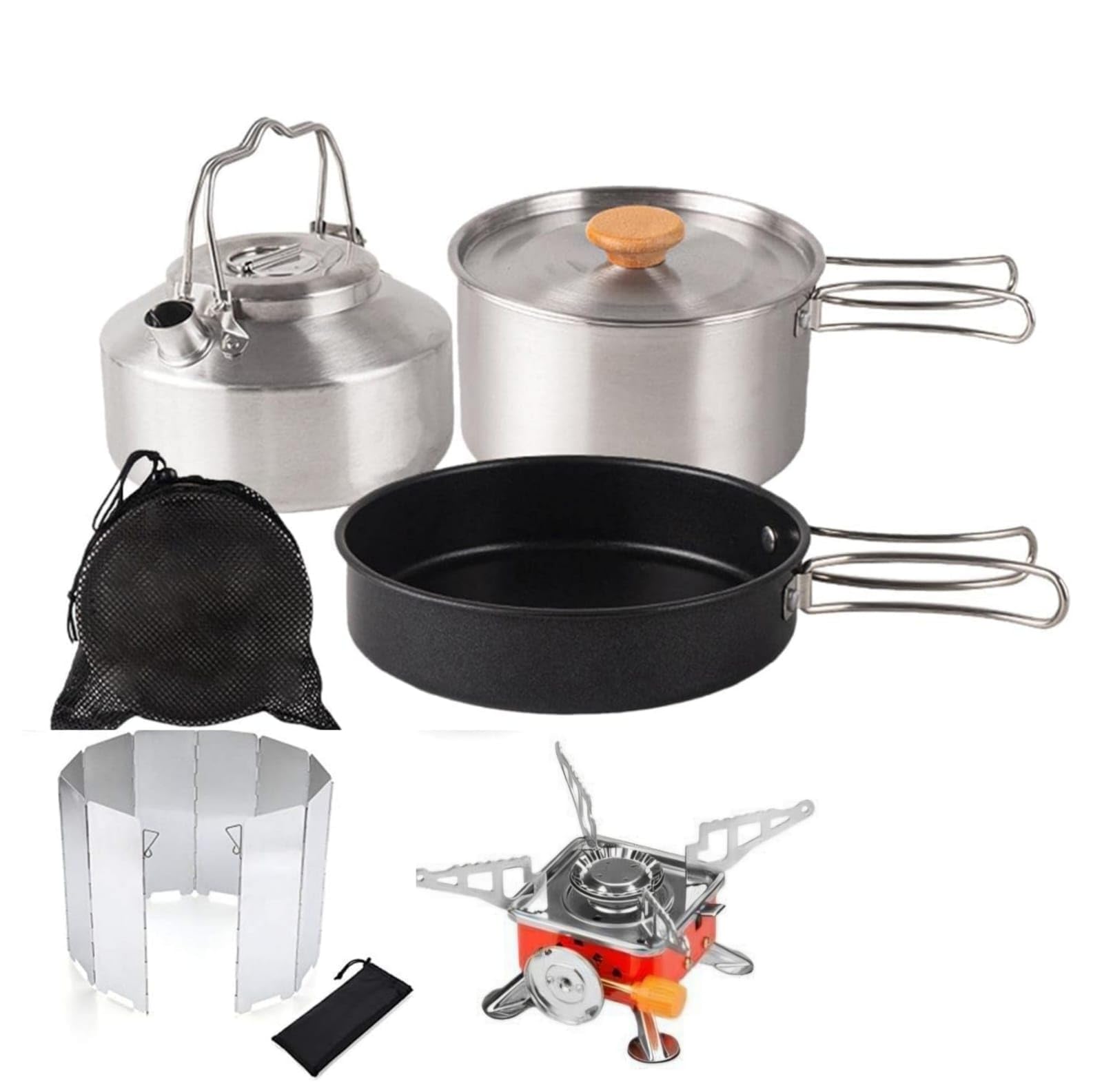 camping cooking set with windscreen with mini gas stove,camping cookware set,304 stainless steel camping pots and pans set, includes pot nonstick frying pan kettle in mesh bag for hiking