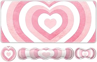 iLeadon Keyboard Mouse Pad Set, Large Gaming Mouse Pad + Keyboard Wrist Rest + Mouse Pad with Wrist Support + Coaster, Easy Typing Pain Relief, 35.4x15.7in Desk Mat for Home Office, Pink Heart