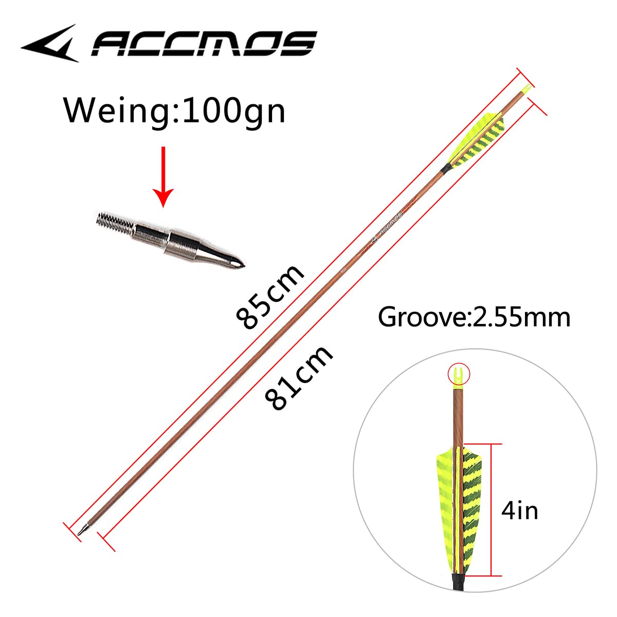 ACCMOS ID 6,2 mm Grana del Legno Frecce in Carbonio 4" Strisce Gialle Piuma Spine 350 400 500 600 700 Frecce da Caccia per Tiro con L'Arco 6 Pezzi (31inch, Spine 600)