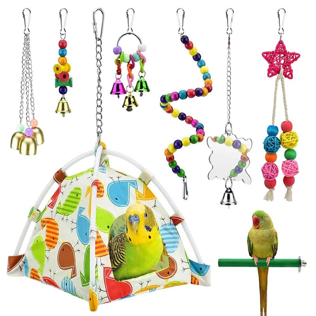 ArinkO Juego de Juguetes para Jaula de pájaros de 8 Piezas: entretenido, Duradero y masticable: Juguetes interactivos para Masticar, Cuentas de Madera, Timbre y Perchas para Loros y Otras Aves