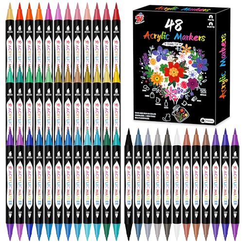 TBC The Best Crafts 48 Colors Dual Tip Acrylic Paint Markers,Waterproof, Non-Toxic, odorless, Suitable for Paper, Pottery, Stones, Backpacks, Glass