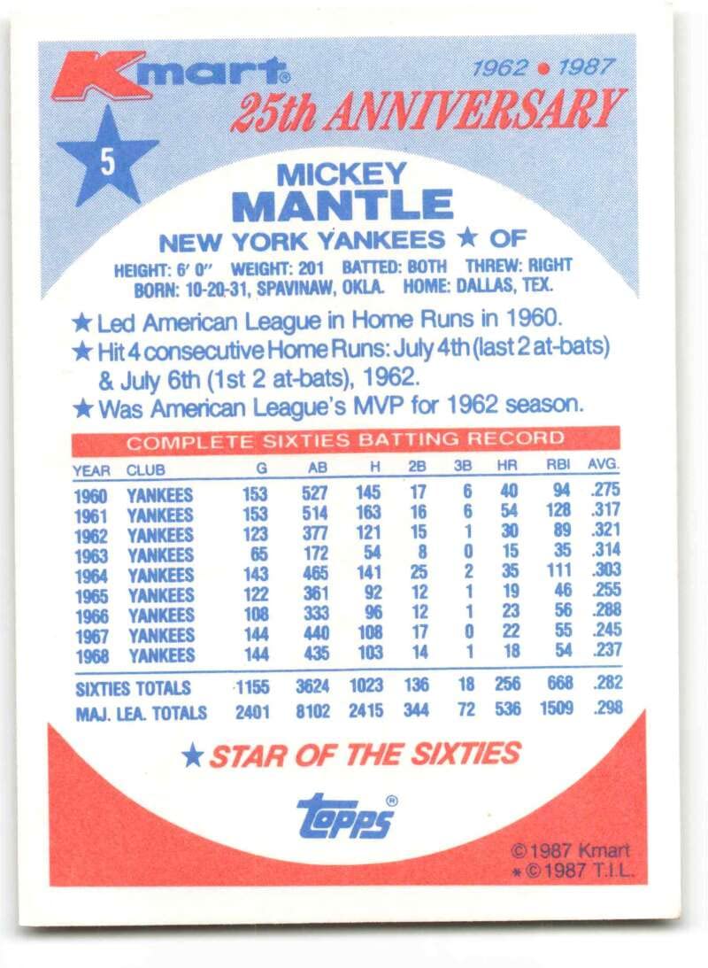 Amazon.com: 1987 Topps K-Mart 25th Anniversary #5 Mickey Mantle NM-MT New  York Yankees Baseball : Collectibles & Fine Art