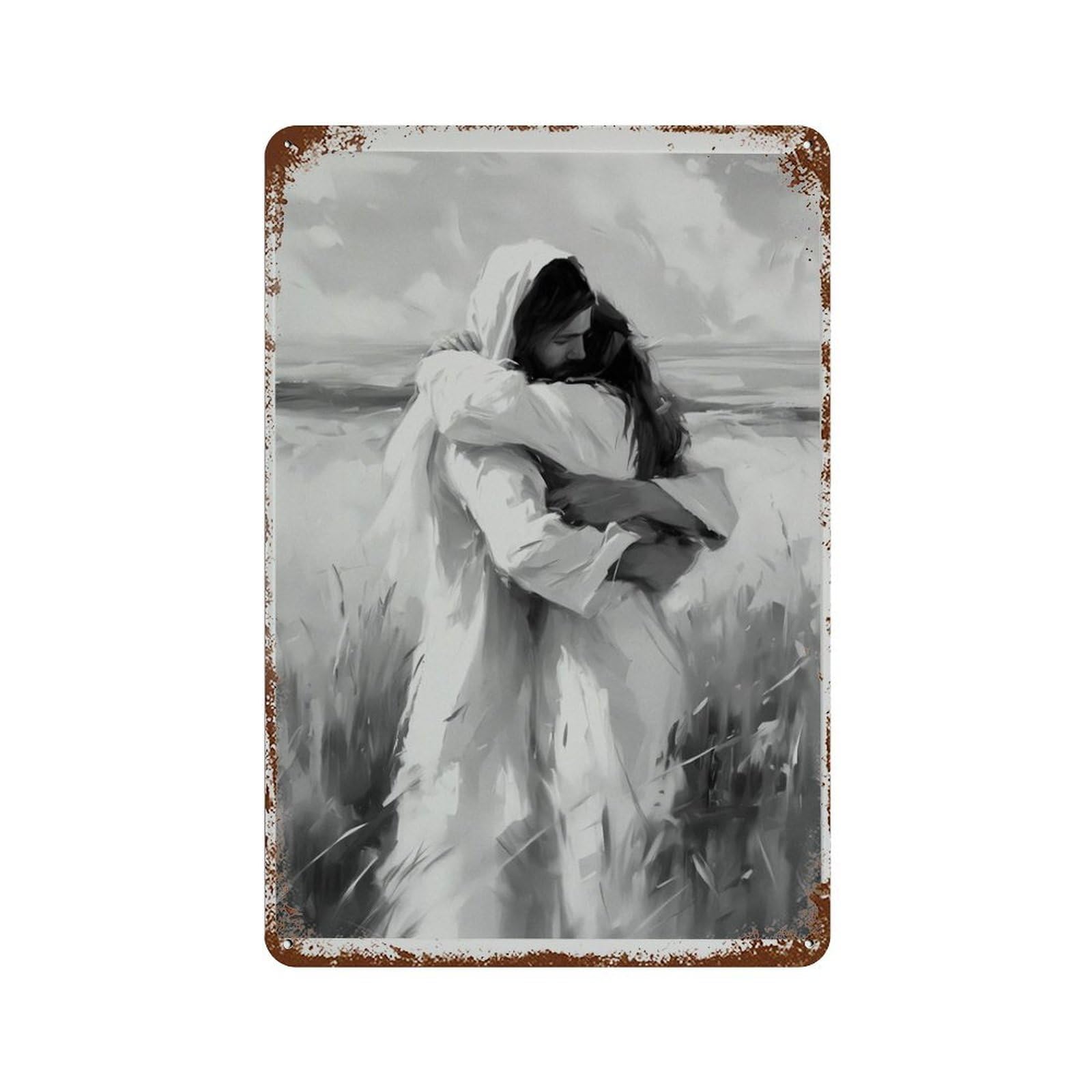 xiaoxiaoshen Jesus Christ Hugging Woman ， Black And White Christian Wall Decor Art Metal Tin Poster Modern Home Decor Art Home Bar Shop Decorations Vintage Sign 30x20cm