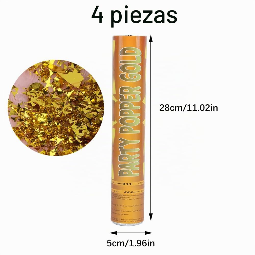 Lanzador de Confeti para Cumpleaños y Boda - 4 Piezas, Cañón Dorado y Plateado, Tubo y Disparador para Fiestas (Oro)