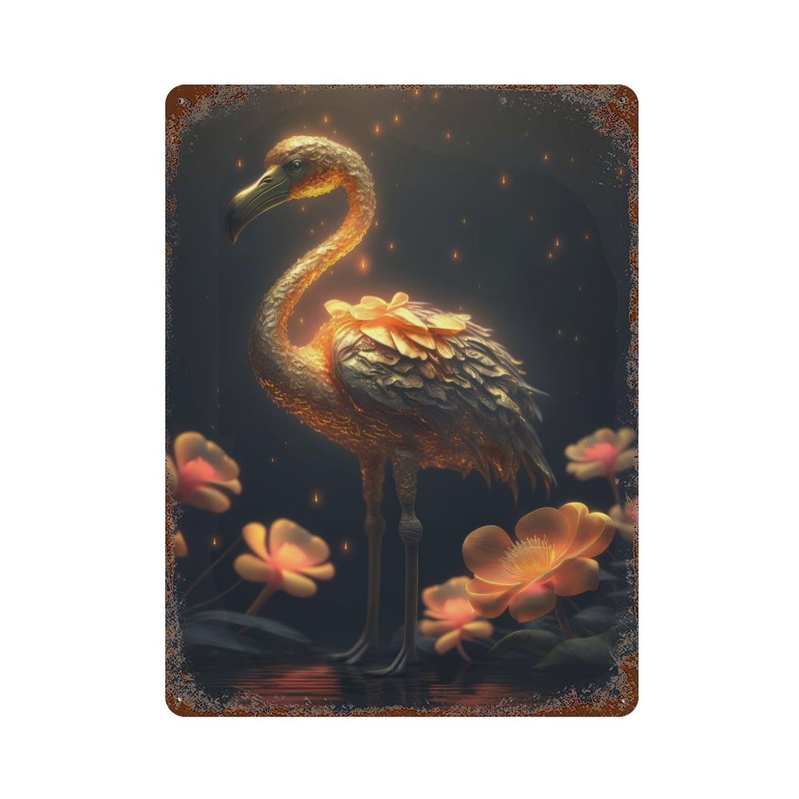 Decorative Tin Sign Golden Flamingo 15.7"x11.8", Decorative Metal Wall Art for Garage, Bar And Workshop Decor