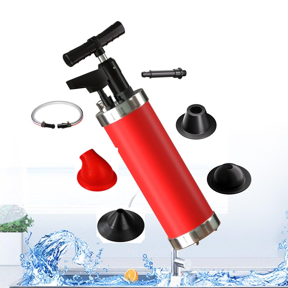 Stura WC con 4 Adattatori per Lavandino, Pompa Stura Scarichi a Pressione con Manometro, Sturalavandino ad Aria Compressa, per WC, lavandino, Vasca da Bagno