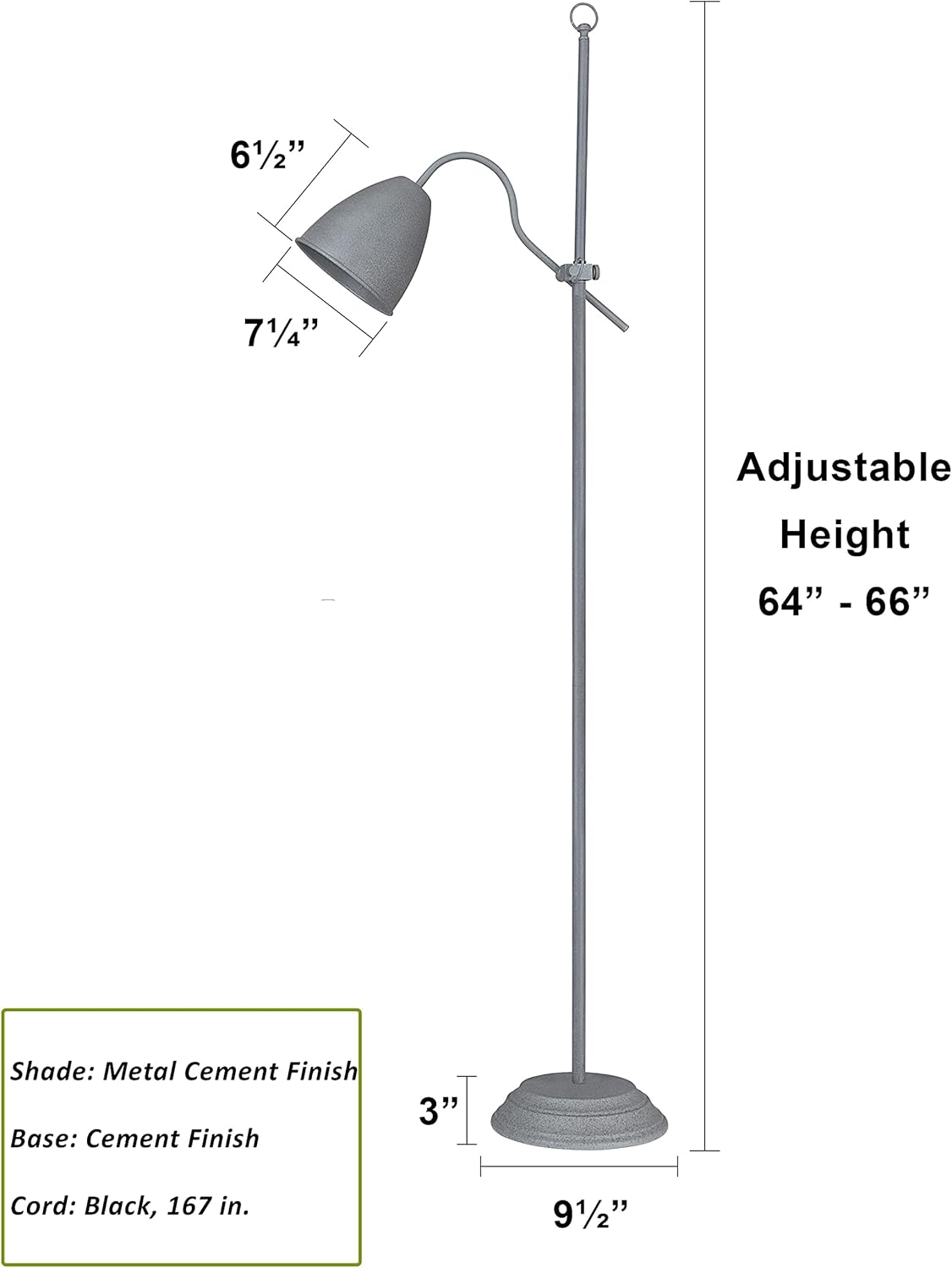 Aspen Creative 45020-11, One-Light Adjustable Floor Lamp, Transiitional Design in Cement, 64" High