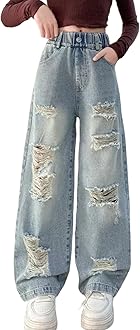 NABER Kids Girls Elastic Waist Cool Ripped Jeans Washed Denim Wide Leg Ripped Denim Jean Age 5-15 Years