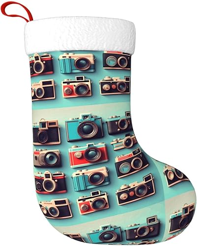Retro Cool Camera Collection Print Christmas Stocking, Christmas Tree Decor Stocking, Flannel Cuff With Hanging Ribbonâ