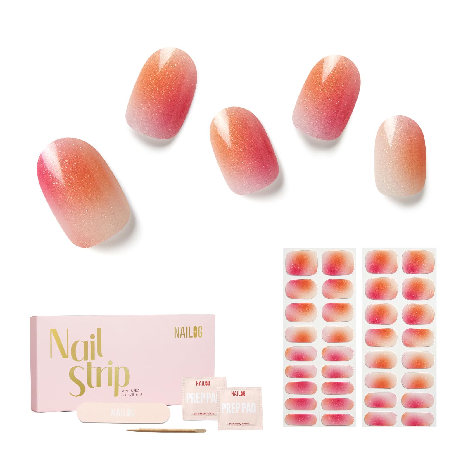 NAILOG Semi Cured Gel Nail Strips, 34 pcs Salon-Quality Gel Nail Stickers, Long Lasting Nail Wraps for Women Pink Aurora