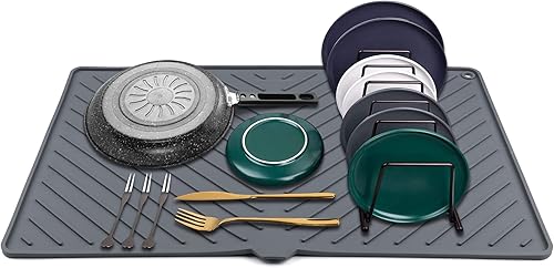 Tapete de secado de platos, tapete de silicona para encimera de cocina, extra grueso y grande, con drenaje integrado, antideslizante, resistente al