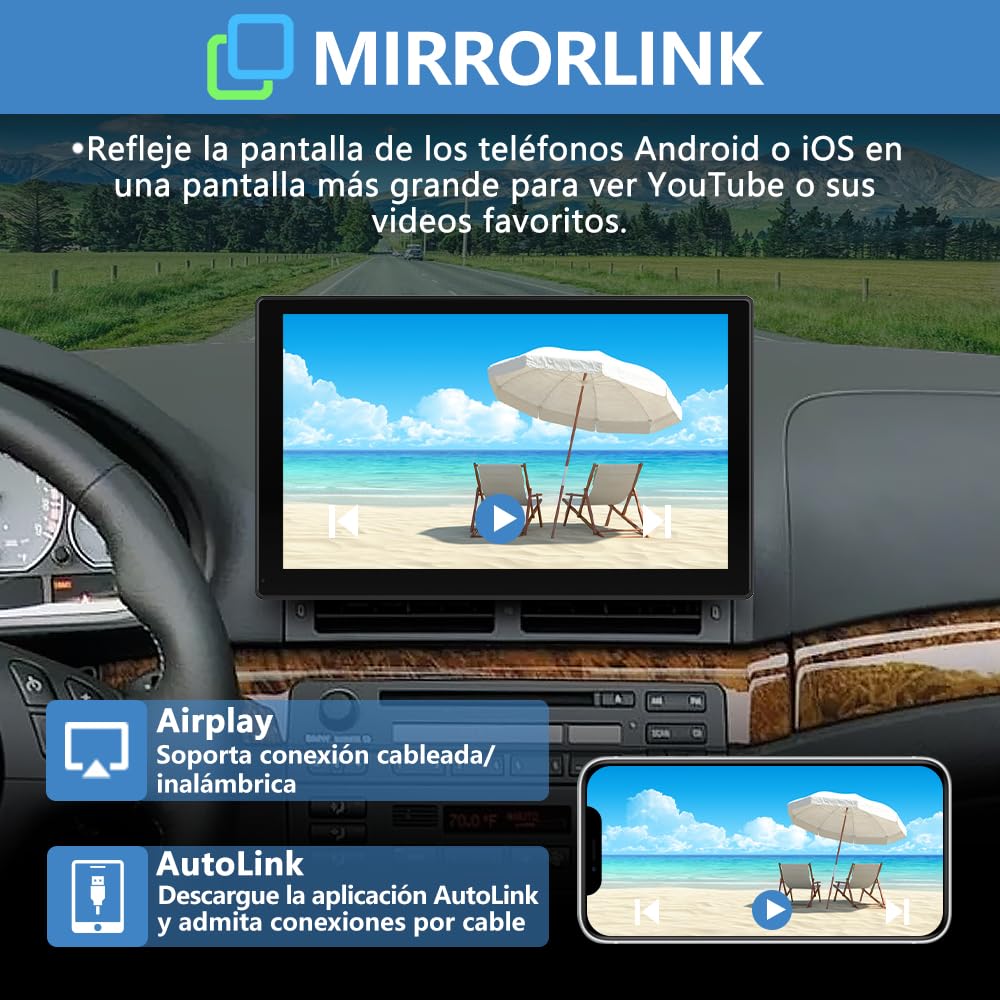 AWESAFE 9”Pantalla CarPlay Coche/Android Auto/MirrorLink Inalámbrico, Reproductor de Coche Pantalla Tactíl Admite Cámara Trasera/Bluetooth/SIRI/Asistencia de Voz/Google/USB/SD/FM/Sin Instalación