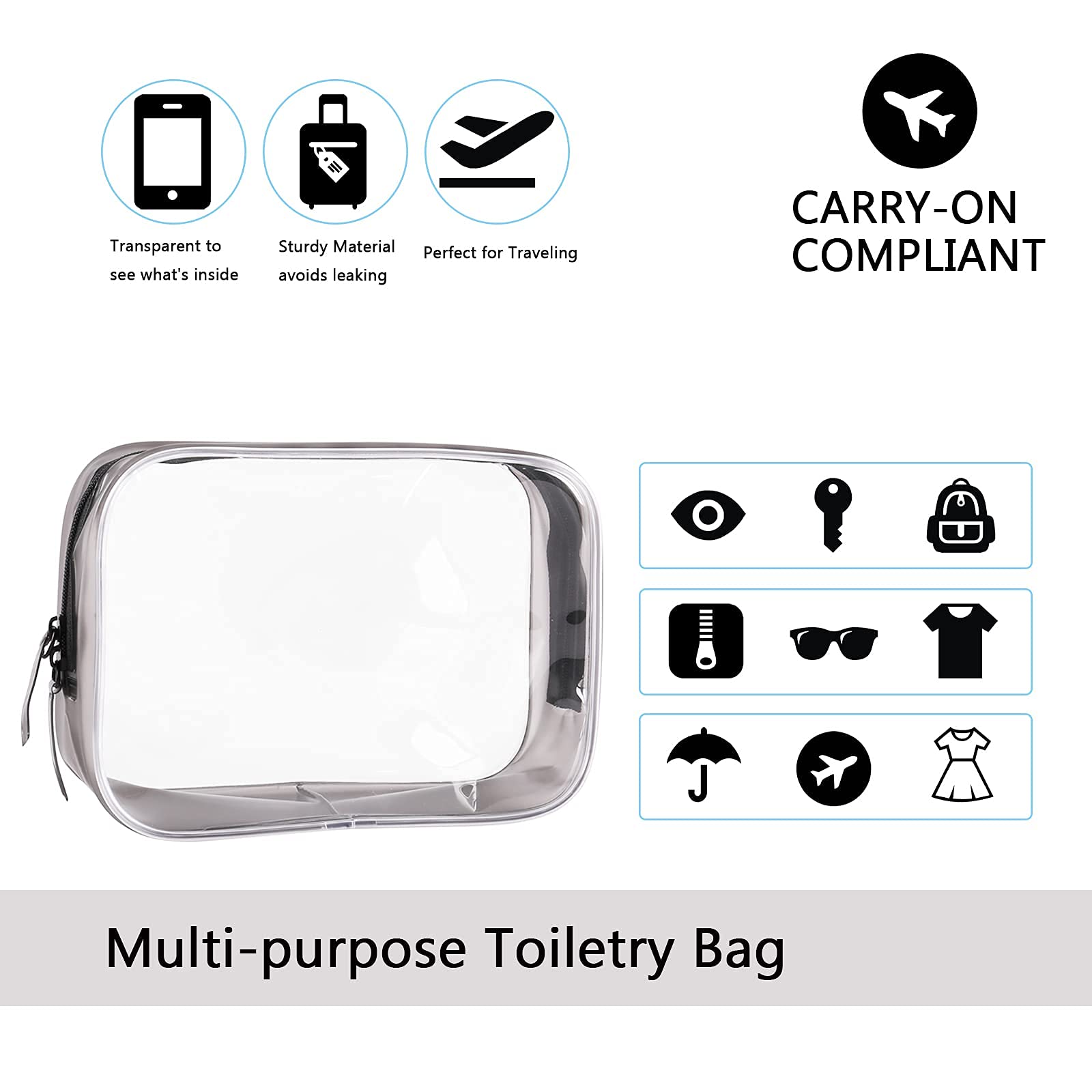 Bolsas de viaje transparentes para artículos de tocador, bolsa de aseo clara ligera, bolsa de cosméticos TSA transparente multiusos para viajar, Paquete transparente de 6