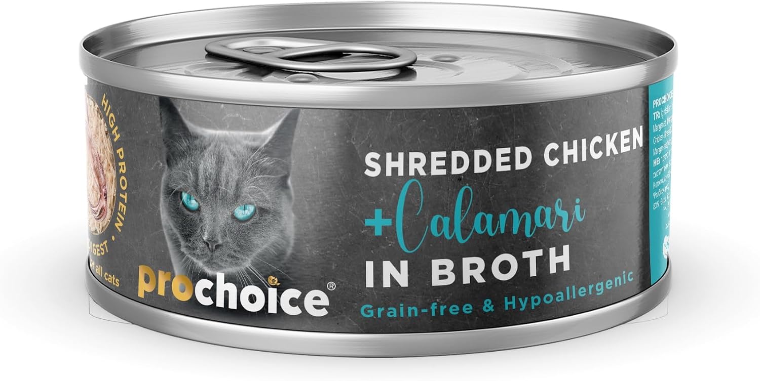 Prochoice Deluxe Shredded, Tahılsız, Hipoalerjenik, Tiftiklenmiş Tavuk Eti ve Kalamarlı Yaş Kedi Maması, 70 gr x 12 adet
