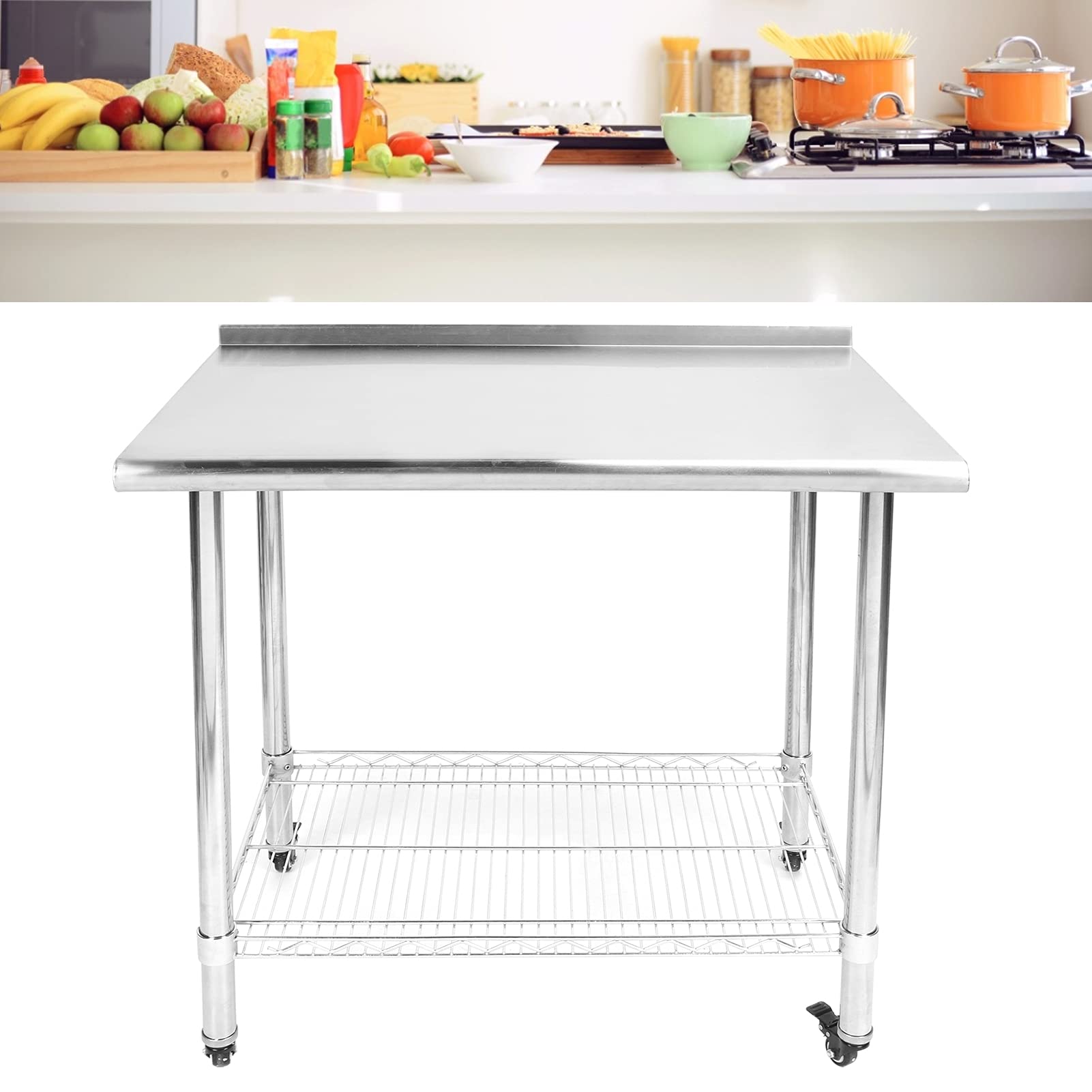 Wakects Mesa de Trabajo de Acero Inoxidable con 2 Niveles, con Frenos de Ruedas, Mesa de Cocina Gastronómica de Almacenamiento