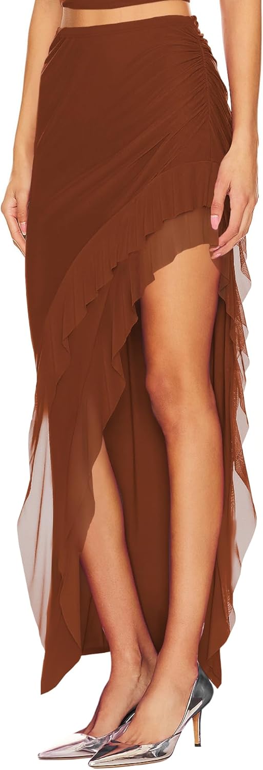 WISFRUIT Women's Sexy Ruched Mesh Skirt High Waisted Asymmetrical Flowy Ruffle Bodycon Long Skirts - Image 3