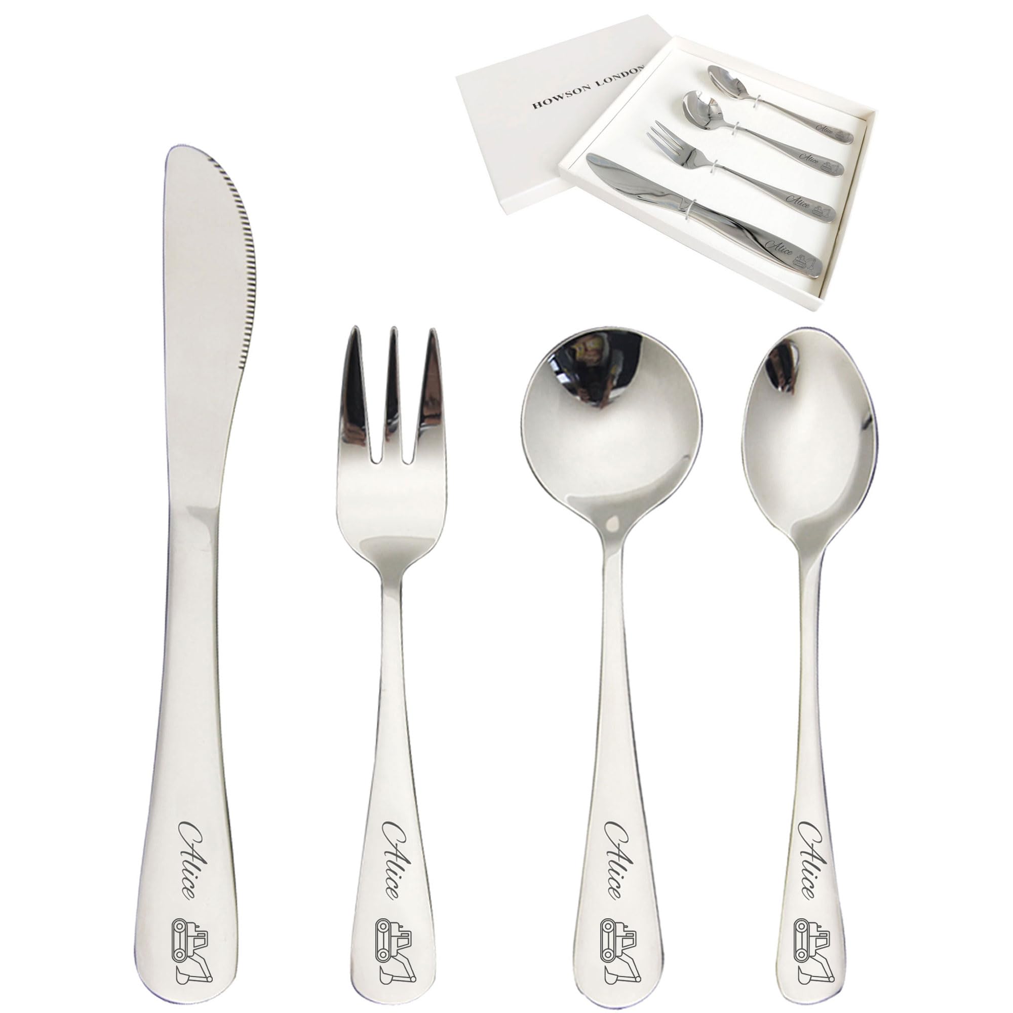 Personalized Cutlery Set for Kids Children Toddler Cutlery 4pcs Engraved Knife Fork Spoon Stainless Steel Cutlery Set Christening Christmas Gifts for Boy Kids Girls Cutlery Gifts (Excavator)