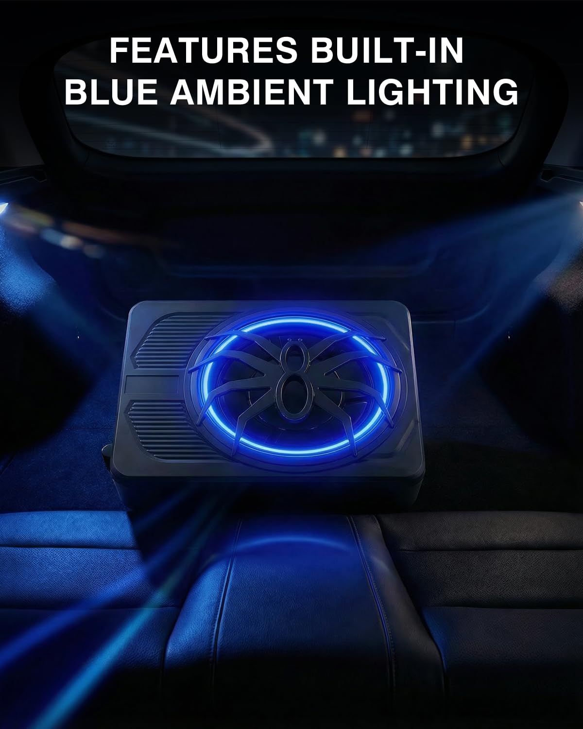 Subwoofer attivo per veicoli, progettato per essere posizionato sotto il sedile, 1000 W di potenza massima, driver da 10 pollici, con illuminazione ambientale blu, amplificatore integrato.