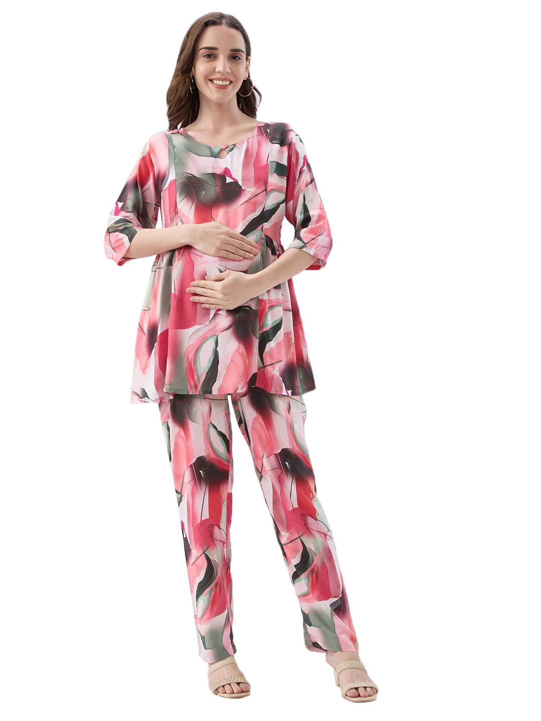 Women Cotton Maternity|Nursing|Feeding Printed Tunic Top & Bottom Coord Set -4172-image-45