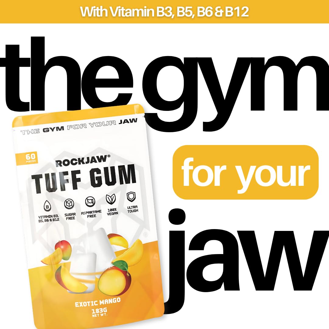 ROCKJAW® Jawline Gum Tuff Gum 2.0 complexe de vitamines B sans aspartame sans sucre xylitol 2 mois d'approvisionnement mangue exotique