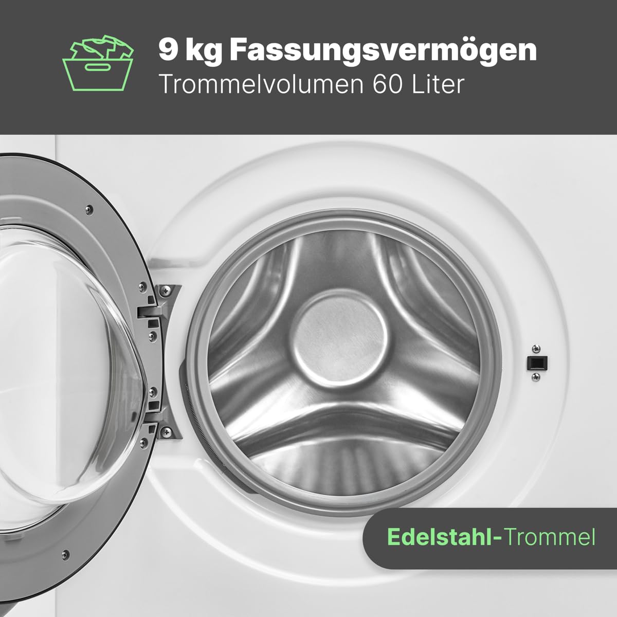 Bomann® Waschmaschine 9kg | inkl. Aqua-Stop | 1400 U/min | Bürstenloser DC-Motor: effizient, leise und langlebig | bis 95°C | 16 Programme | Endzeitvorwahl | Washing Machine | WA 7196