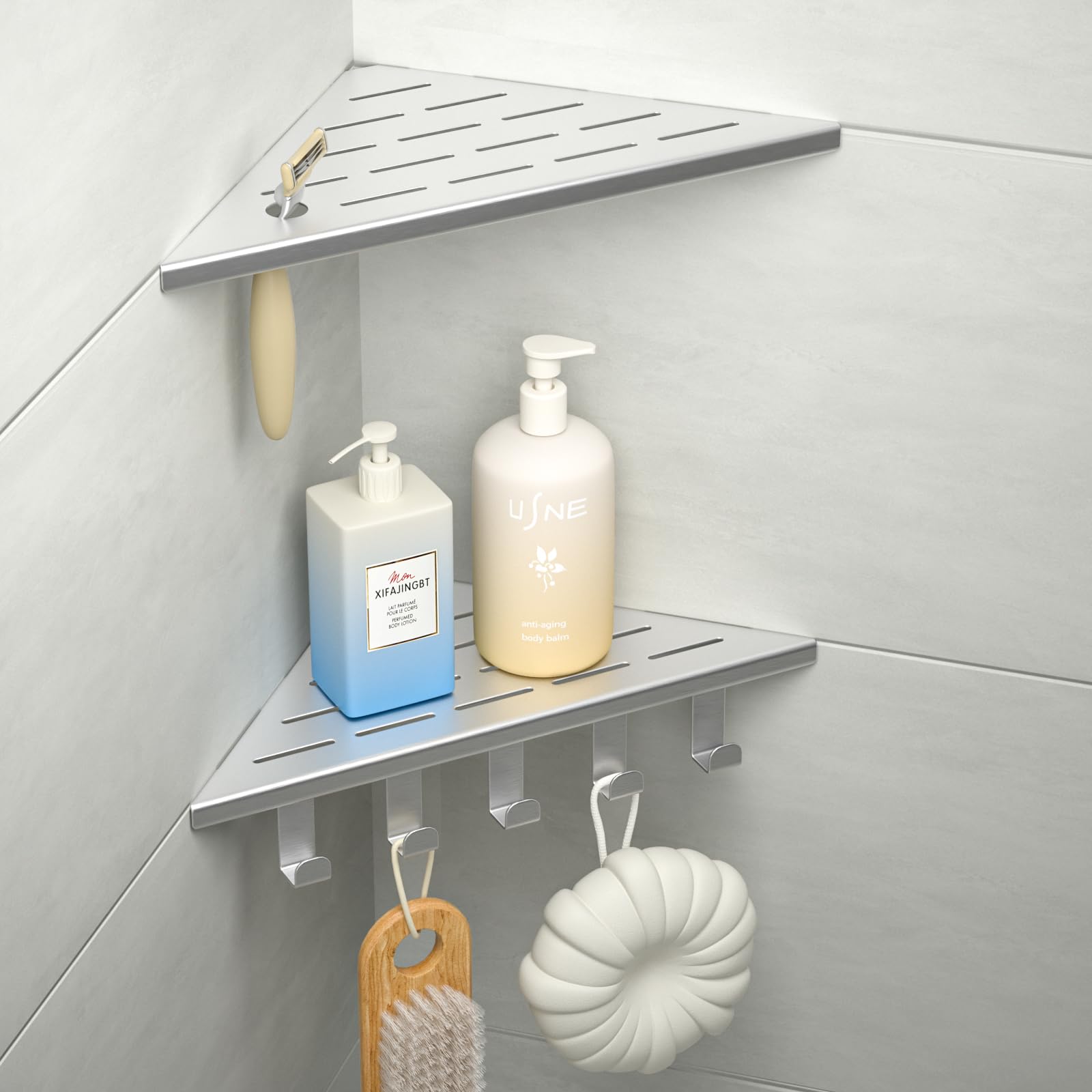 Bernkot 10 Corner Shower Shelf 304 Stainless Steel Shelves for Bathroom Grout in Shelf with Hooks for Tiled