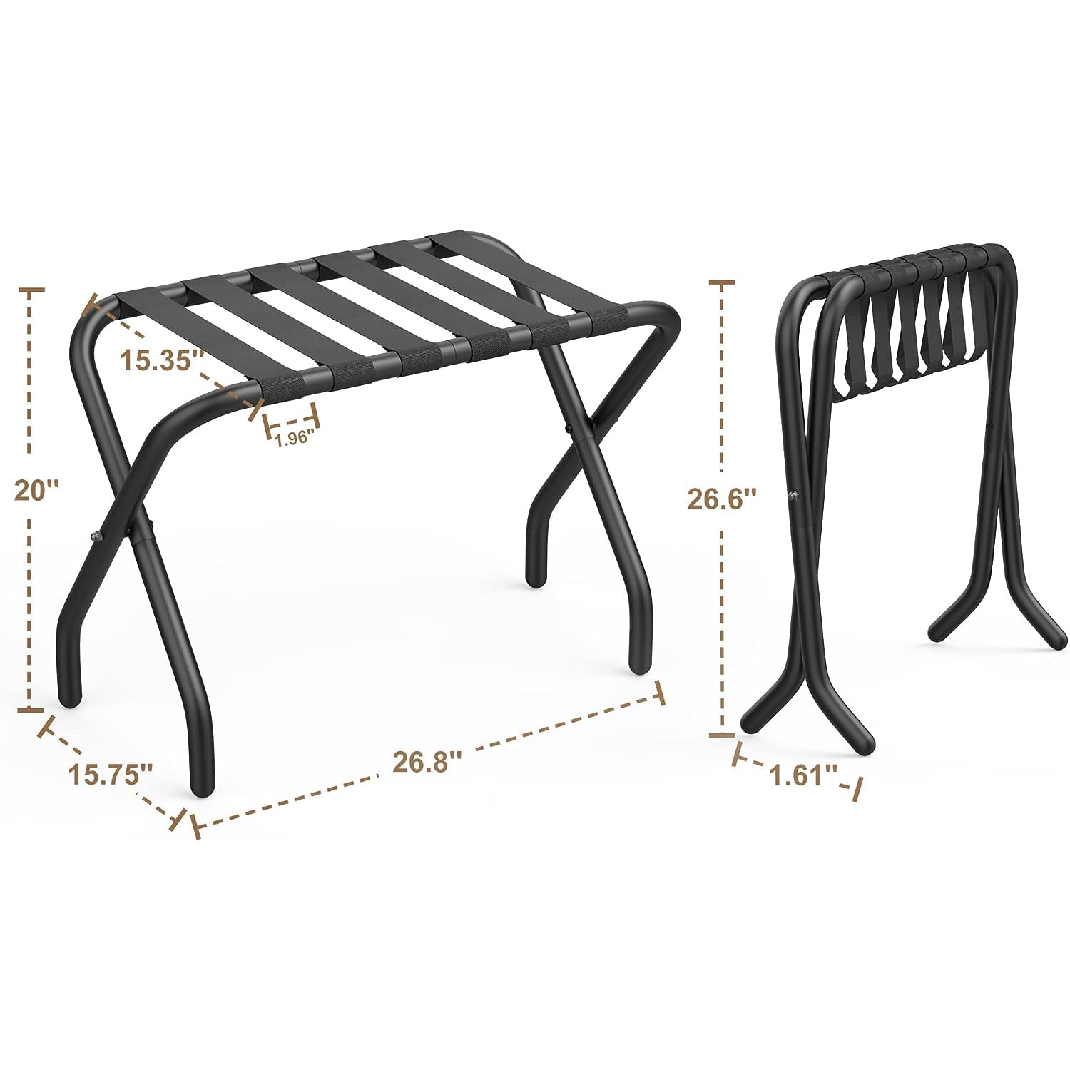 Set di 2 portavaligie pieghevoli con ripiano in metallo, 68 x 38 x 50 cm, portavaligie pieghevole in nero per borse e valigie, portavaligie adatto per camera, albergo