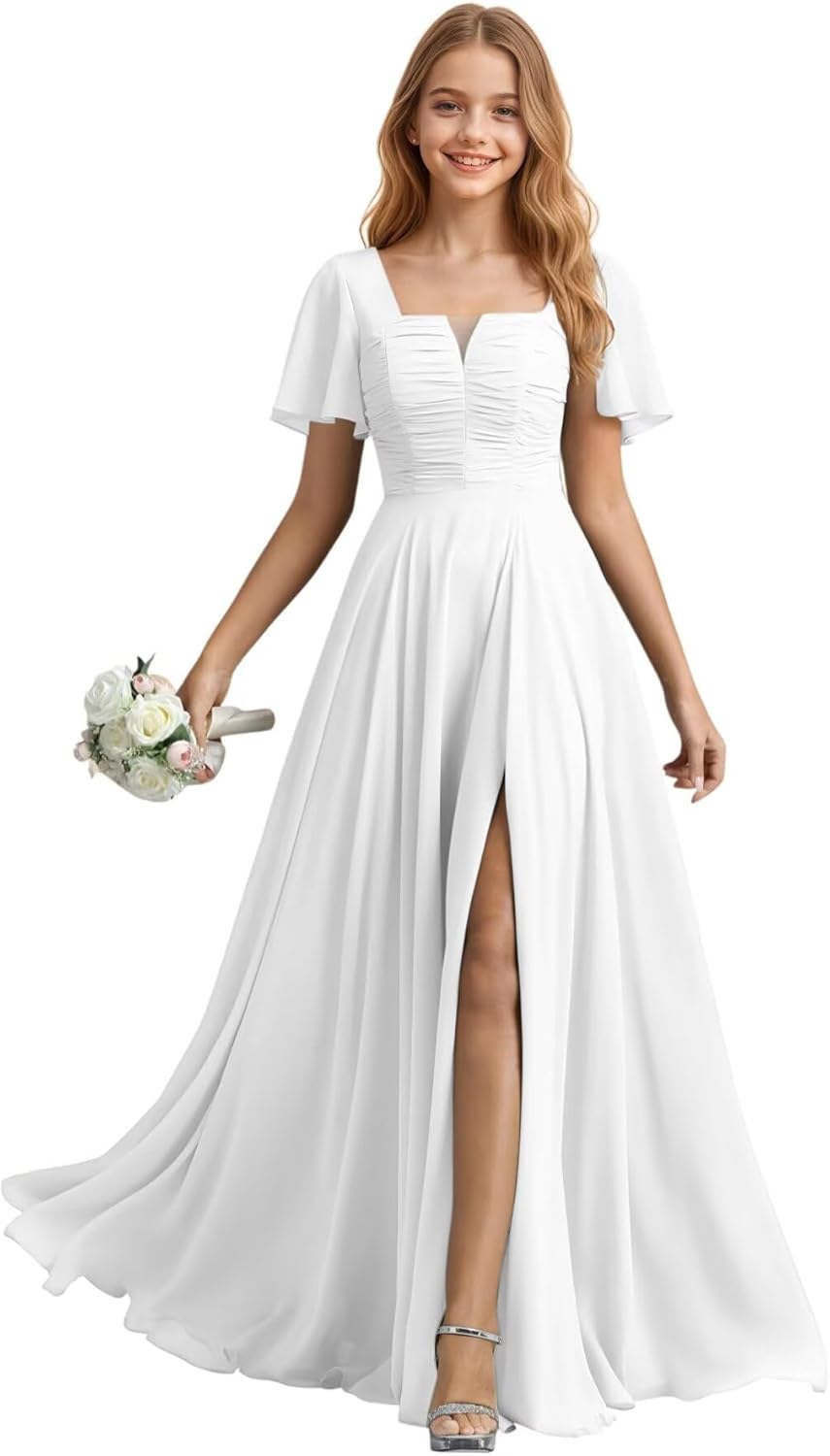 Flutter Sleeves Junior Bridesmaid Dresses Long Chiffon Pleated Girls Formal Dress with Slit Wedding Party Gowns