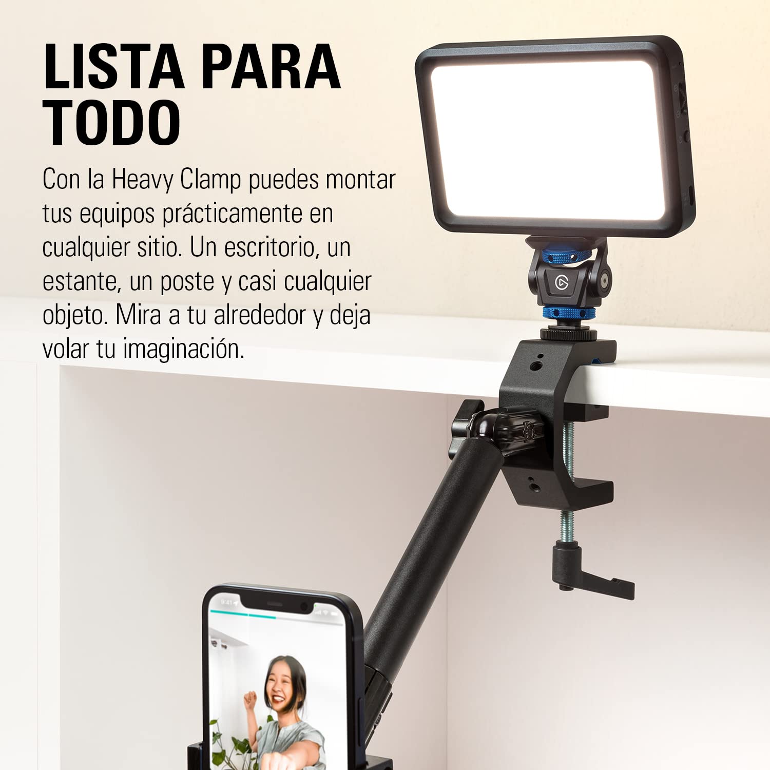 Elgato Heavy Clamp – Montura Profesional con Cabezal de rótula y 4 Orificios roscados de 1/4 Pulgadas, Segura y Resistente, para mesas, estantes y Postes, Ideal para cámaras, Luces, Flashes y más
