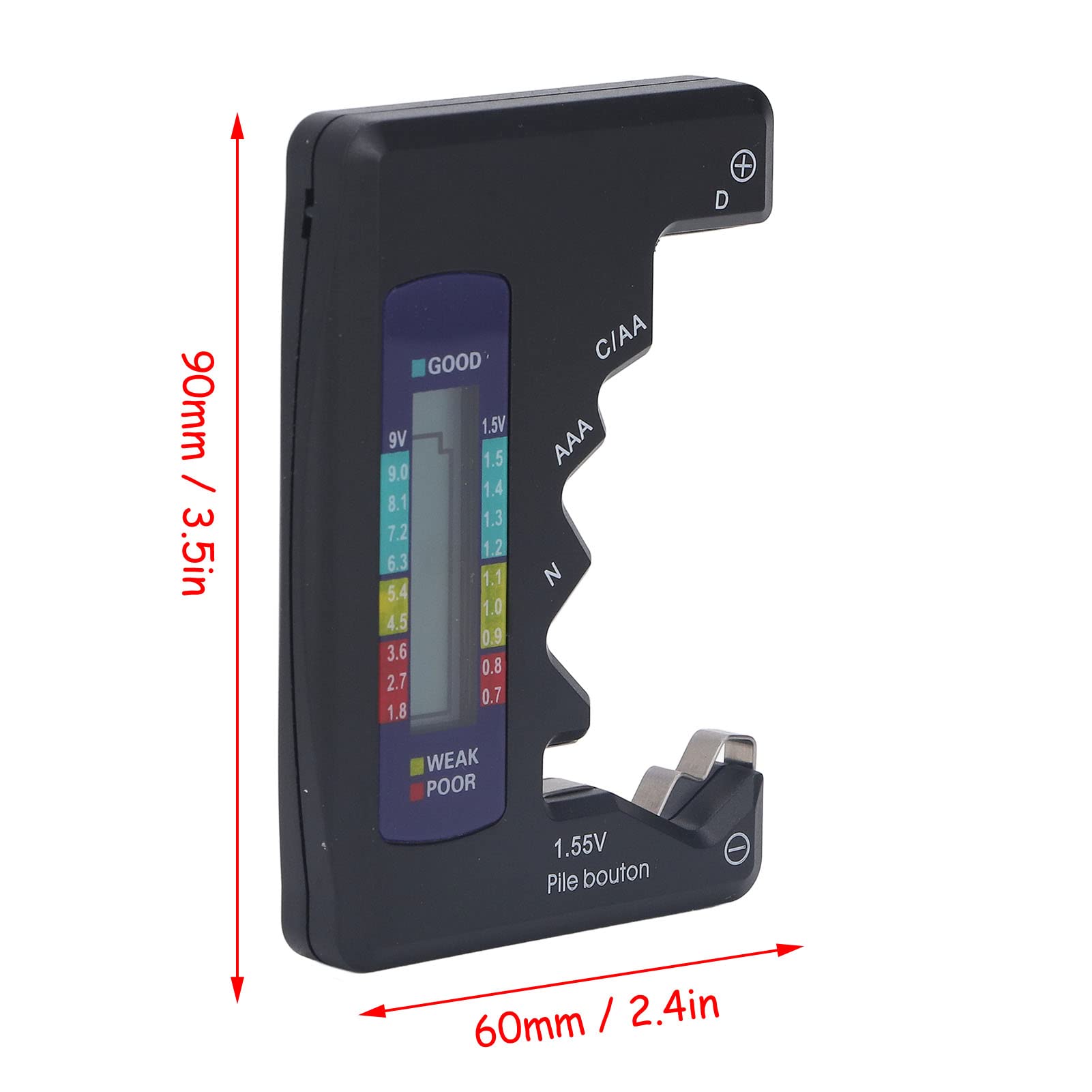 Cyfrowy Tester Baterii Cyfrowy LCD Uniwersalny Sprawdzacz Baterii Materiał ABS Światło Wskazujące na baterię 1,5 V 9 V AA AAA 9 V Baterie 6F22 1.55 V Baterie Guzikowe (Czarny)