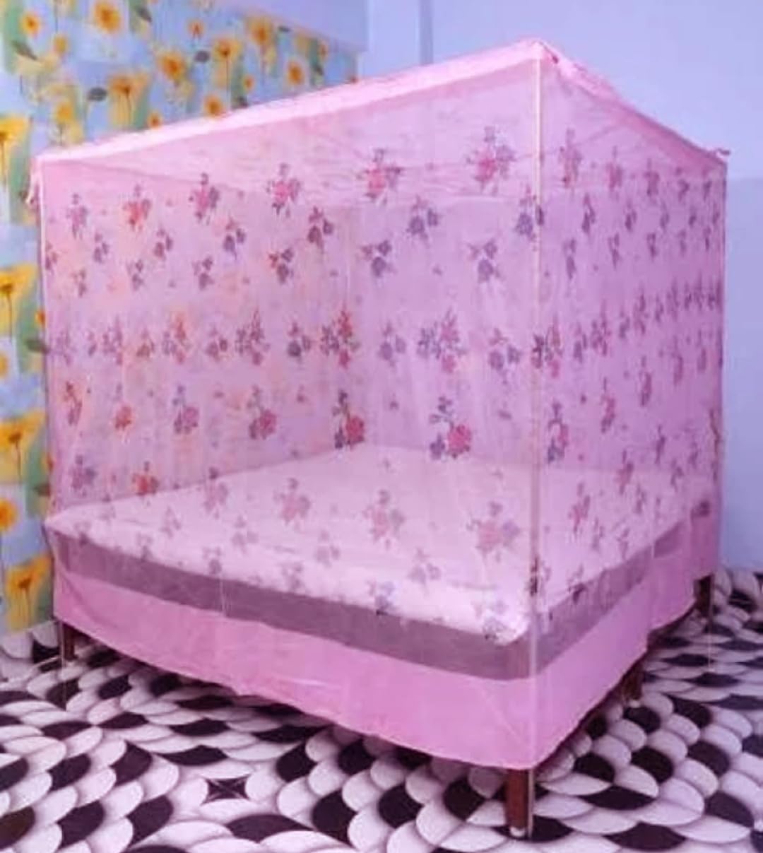 premium polycotton mosquito net for bed with elegant flower print -decorative coloring cotton tape & designing bottom, durable breathable & washable (light pink, queen size bed 6 x 7)