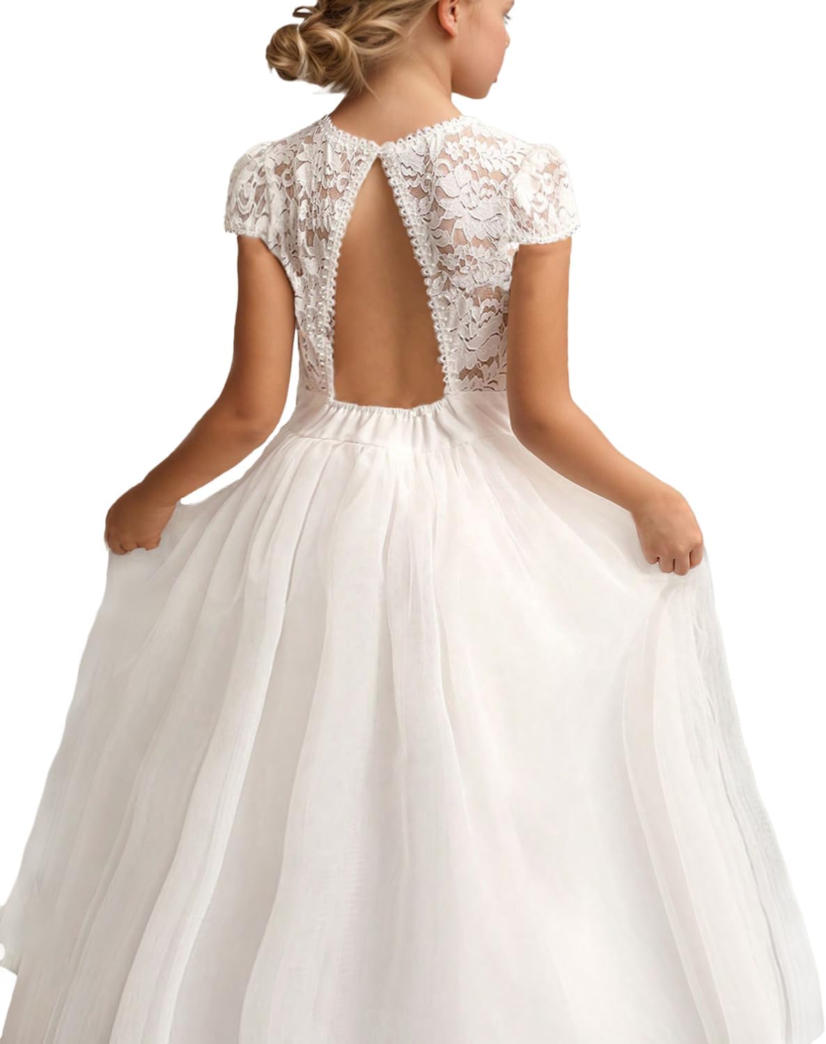 BIBIHOU Girls Kids Lace Backless Formal Wedding Full-Length Tulle Flower Girl Dress for Girl