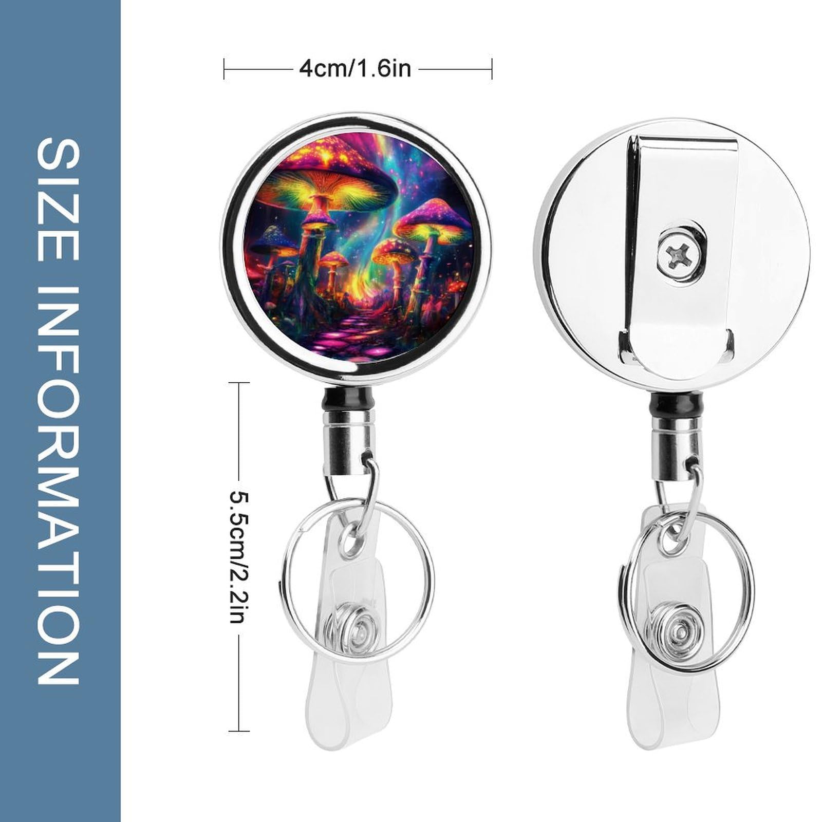 Tie Dye Mushroom Print Retractable Badge Holder Metal ID Name Holder Key Ring with Belt Clip