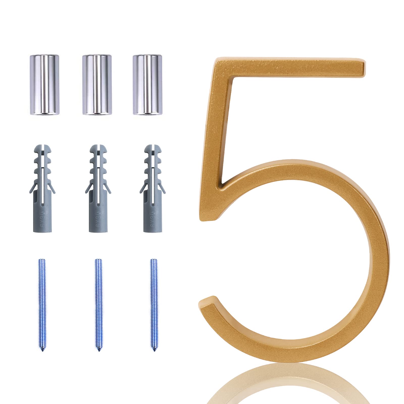 Photo 1 of Floating House Number Modern House Numbers 5 inch, Deamos Zinc Alloy Home Address Number for House with Reflective Finish Gold Floating Mount or Flush Mount Zinc Alloy [Number 5] #5 Gold