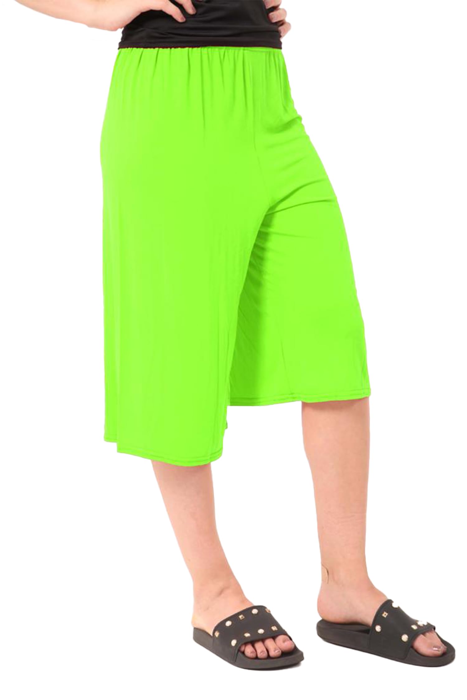 Womens Plus Size Floral Spot Paisley Print Ladies Stretch Elasticated Waist Wide Leg Culottes Shorts (as8, Numeric, Numeric_16, Numeric_18, Regular, Regular, Neon Green)