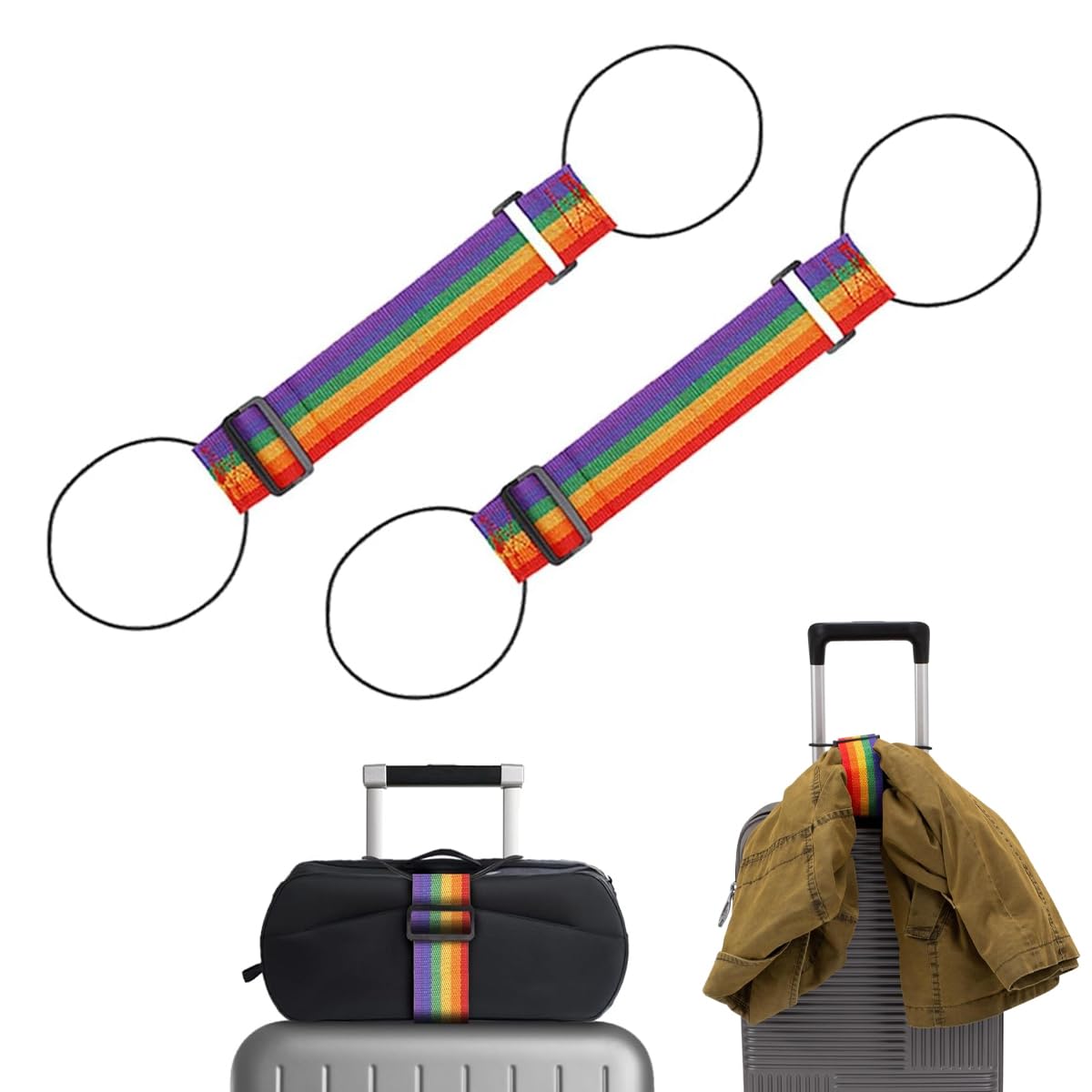 HASTHIP® 2Pcs Rainbow Luggage Binder Strap, Fashion Travel Wide Stretchy Nylon Belt with Dual-End Elastic Loop, Adjustable Suitcase Security Strap for Travel Bags and Trolley Luggage