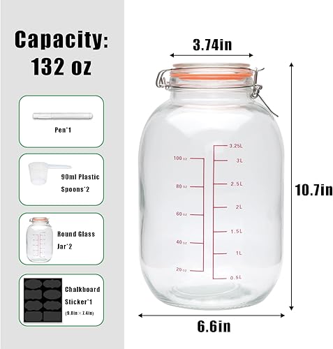 Miniatura 2 de Encheng Tarros redondos de vidrio de 1 galón con tapas con bisagras, tarros de vidrio de boca extra ancha con cuchara y marcas de medición,