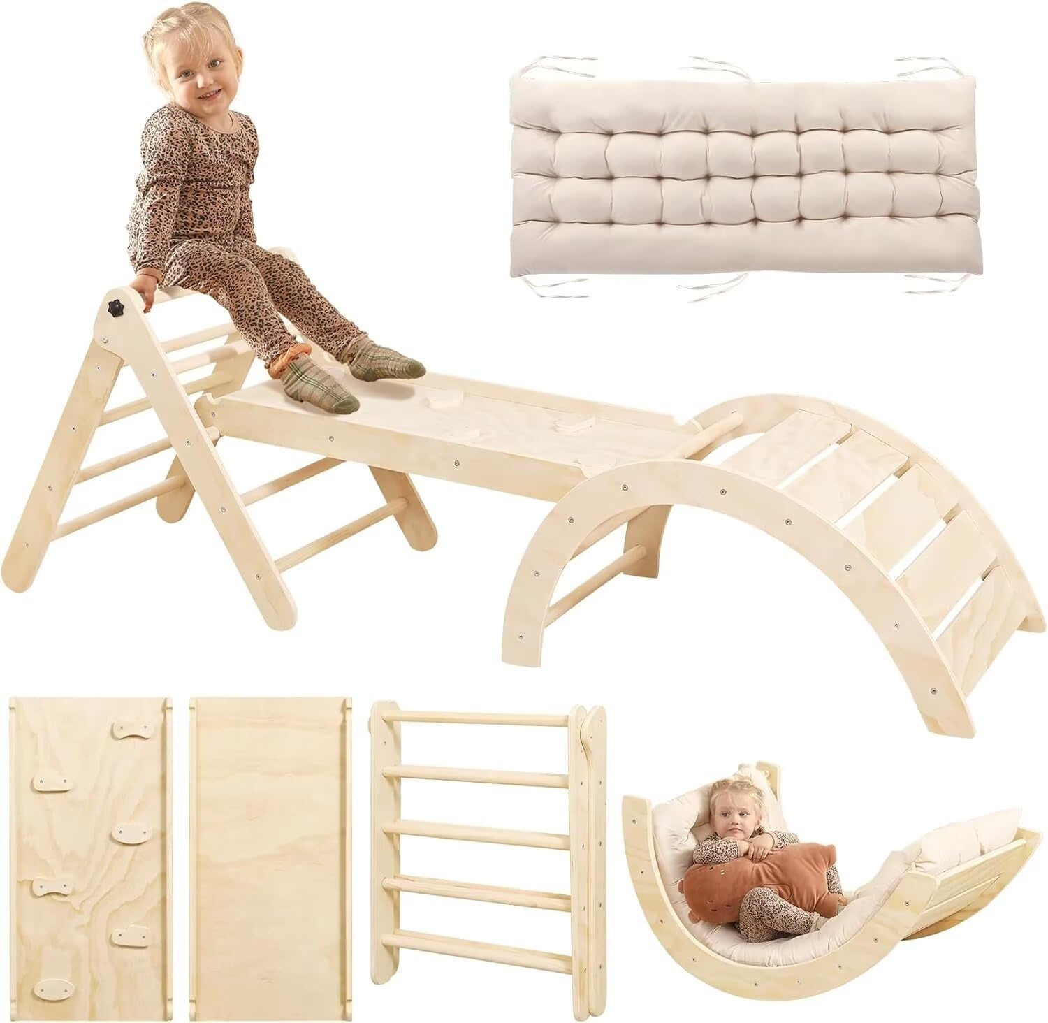 khlerox Climbing Frame with Soft Cushion, 7 in 1 Foldable Indoor Climbing Frame, Montessori Baby Toddler Climbing Toys Indoor, Climber Indoor Set with Arch, Ramp, Ladder (Natural Wood)