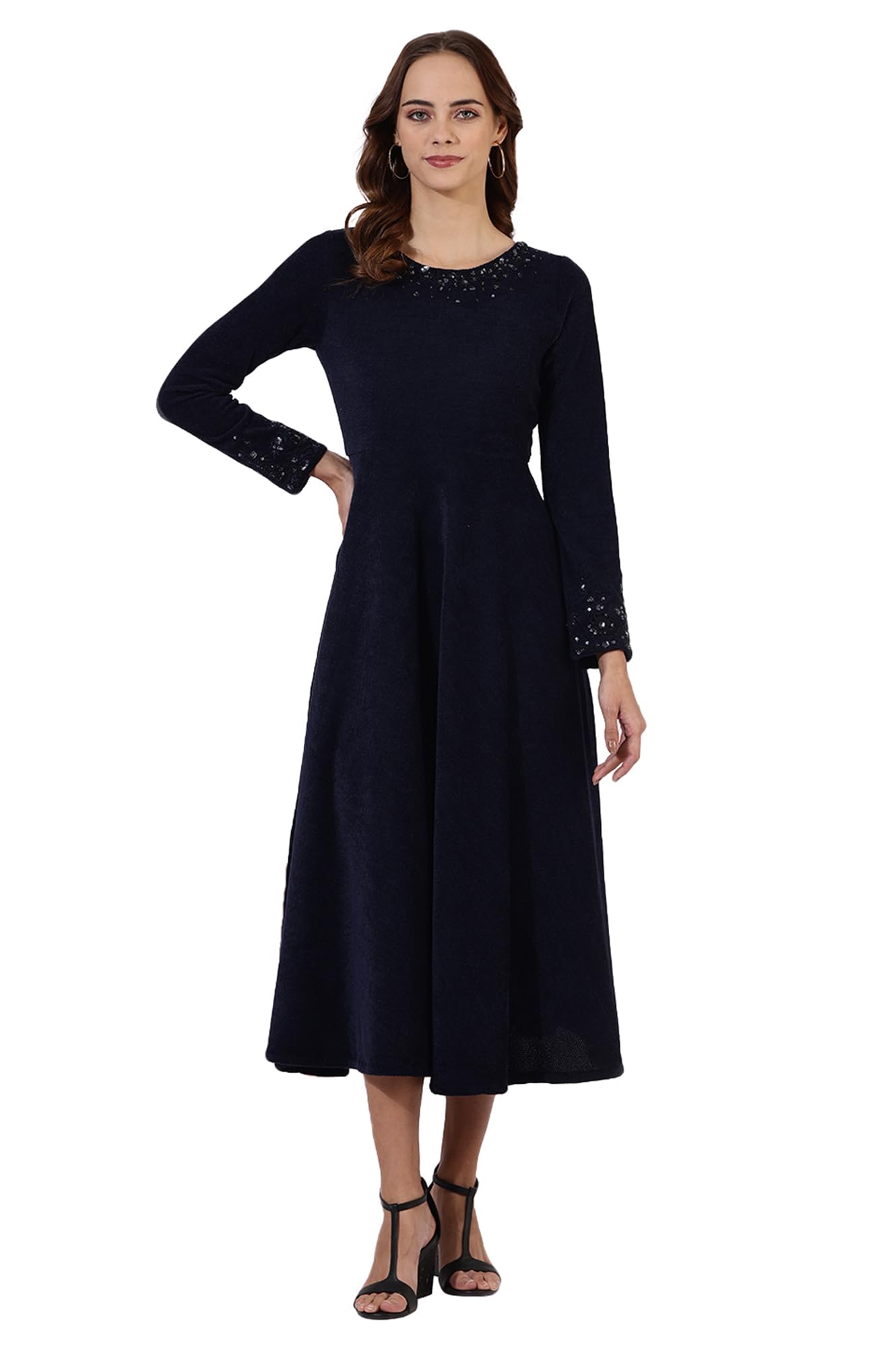 W for Woman Red Embellished Winter Flared Dress-picture-14