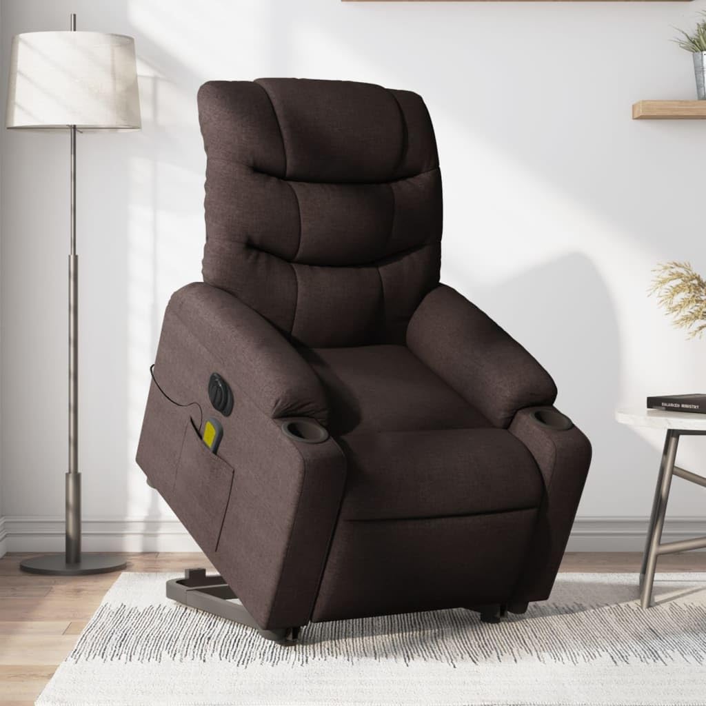 Sillón elevador eléctrico reclinable con 6 puntos de vibración, tejido marrón oscuro, función de elevación e inclinación de 135 grados, estructura estable, cómoda
