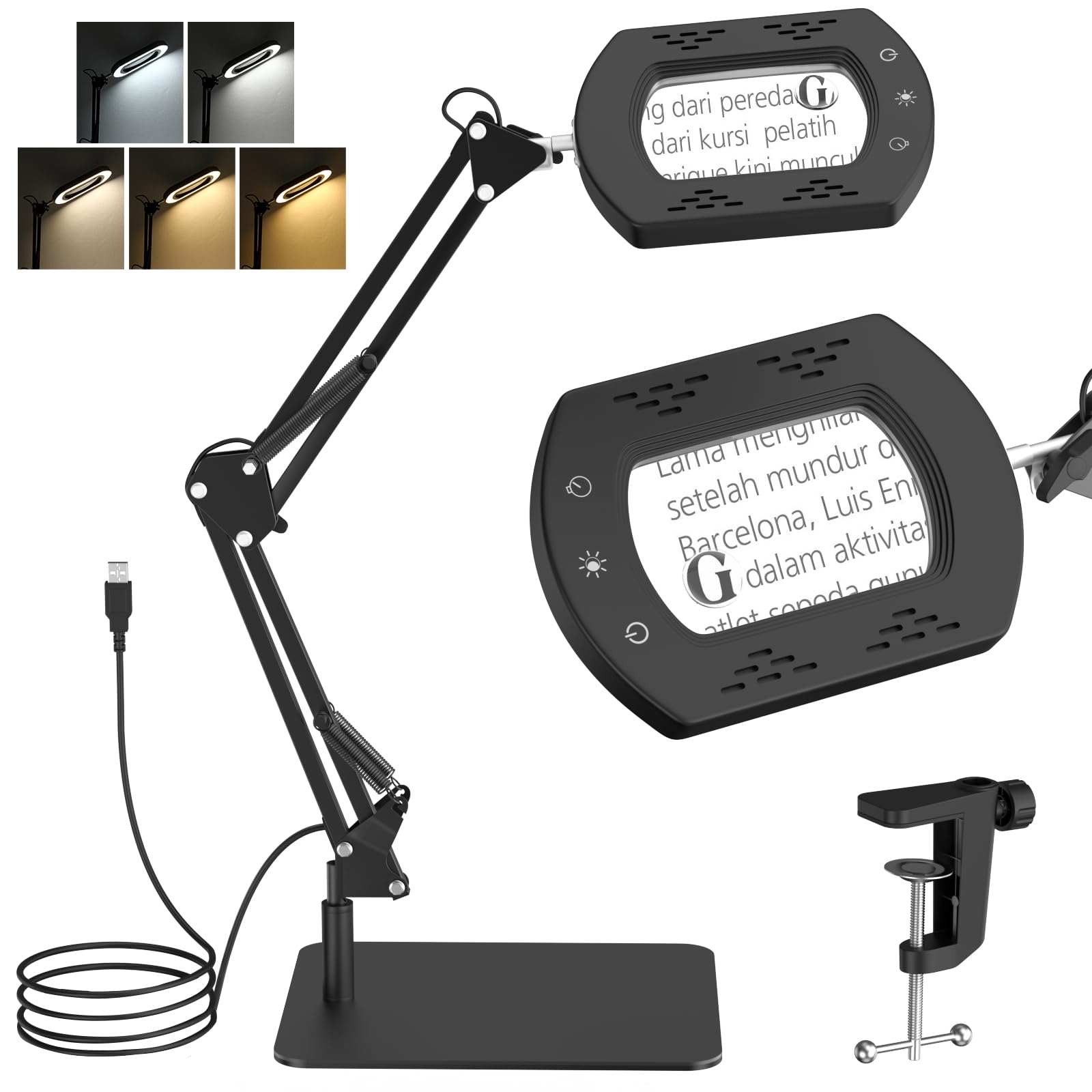 Moko Lupa 15X 30X con Luz Y Soporte, Lámpara De Escritorio con Pinza, Lupa con Luz Led Regulable Sin Escalonamientos Y 5 Modos De Color, Lupa De Escritorio para Trabajos De Precisión, Lectura, Negro