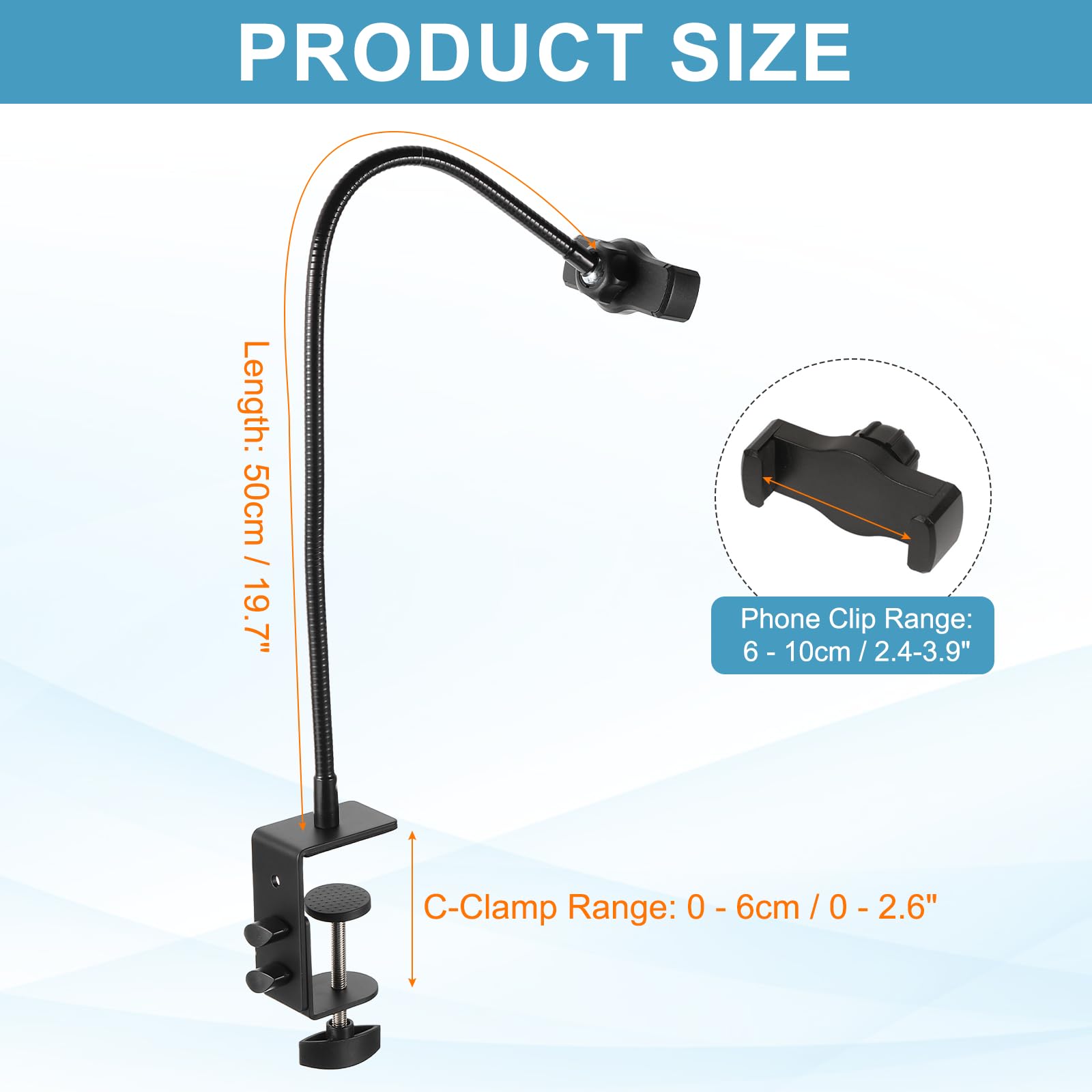 PATIKIL 19.7" Supporto Per Telefono A Collo D'Oca, Clip Regolabile A 360 Gradi Per Dispositivi Da 2.4-3.9" Supporto Da Tavolo O Letto, Nero