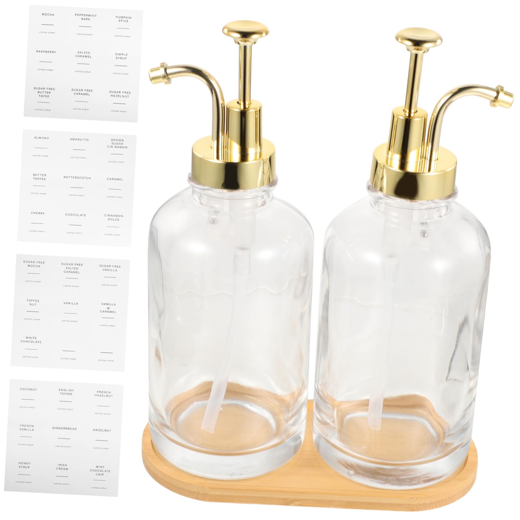 GLEAVI Distributeur de Sirop Verre avec Pompe Précise Petit Flacon Réutilisable pour Café Miel et Condiments Lot de Bouteilles Dorées avec Étiquettes et Support Pratique et Esthétique