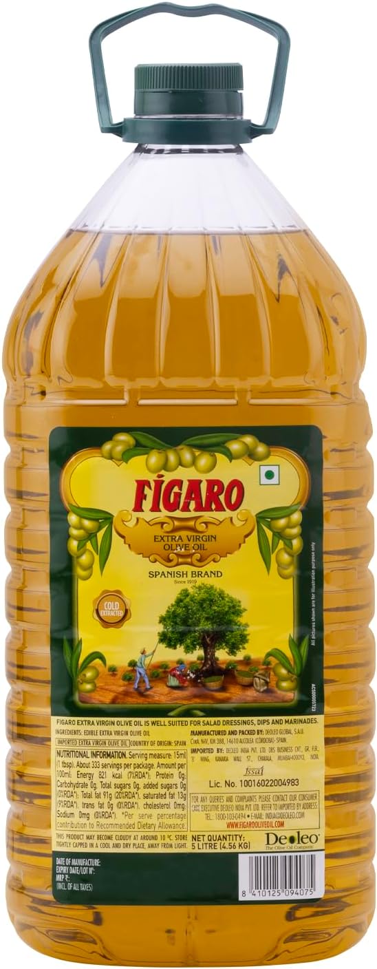Fígaro Extra Virgin Olive Oil- 100% Natural and Cold Extracted- Perfect for Salad, Paratha, Marinade- Imported from Spain- 5L Jar