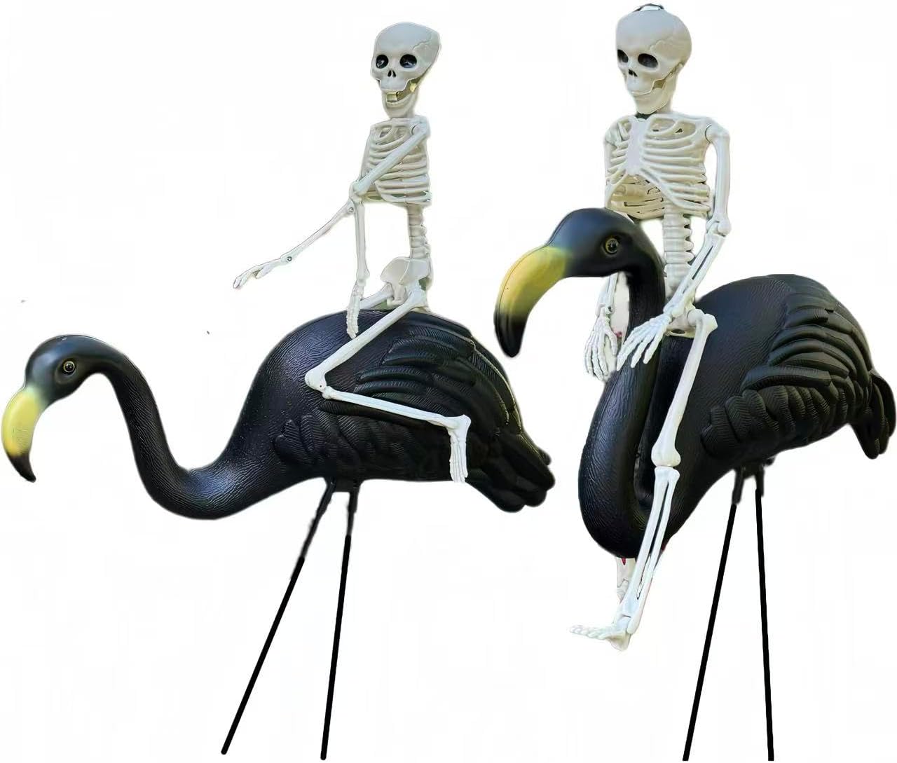 GiftExpress 2-Pack Large Black Flamingo Decor with 2-Pack 16" Posable Skeletons - Halloween Tropical Outdoor Yard Decorations, Spooky Graveyard Lawn & Porch Bird Statues