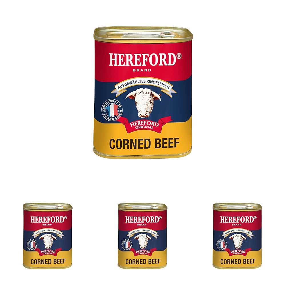 Hereford Corned Beef 340 g I gepökeltes Rindfleisch zerkleinert und in eigenem Saft gekocht I original Hereford Corned Beef I ausgewähltes Rindfleisch (Packung mit 4)