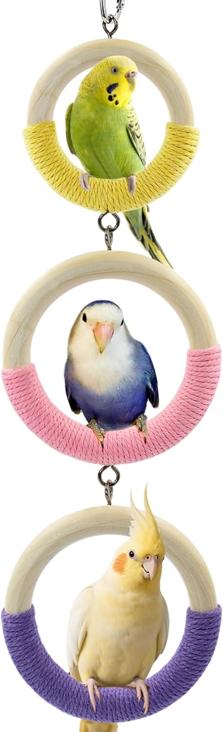 3-Ring Bird Swing Toy, Wrapped with Cotton Rope for Parrots Soft Grip, Thick Wood Parakeet Swing Perch for Cage, Hanging Climbing Bird Toys for 2-3 Parrots Budgies, Lovebirds, Cockatiels - Image 1 of 6