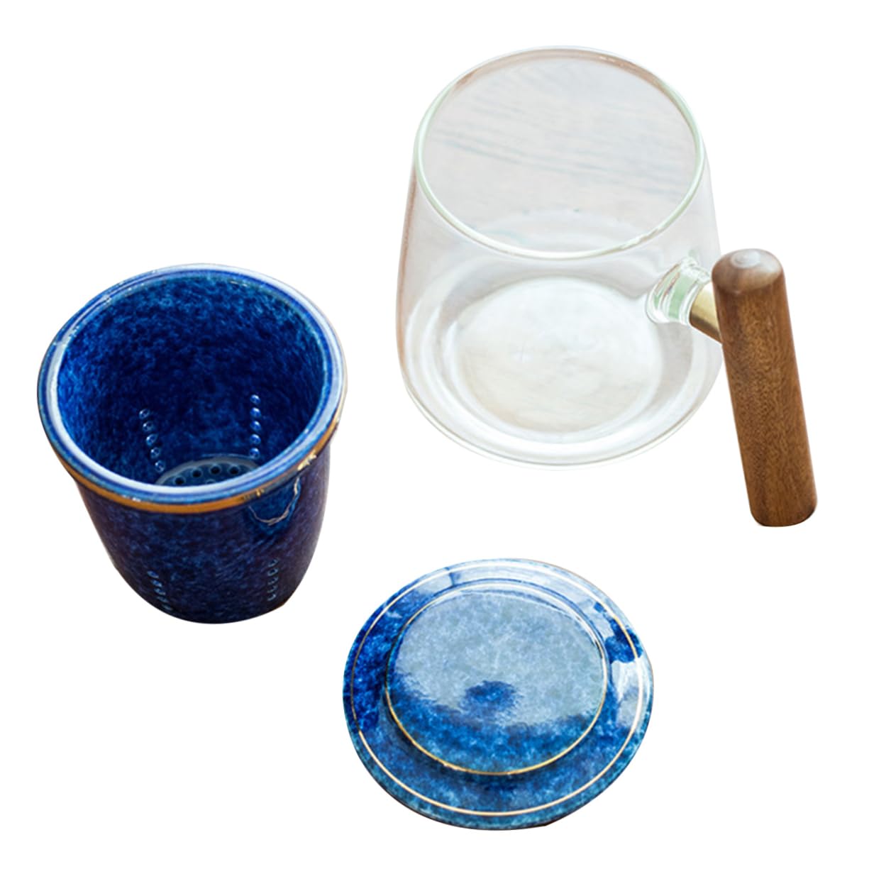 LIFKOME Glas Keramik Teebecher 400ml mit Deckel, Blau für Büro